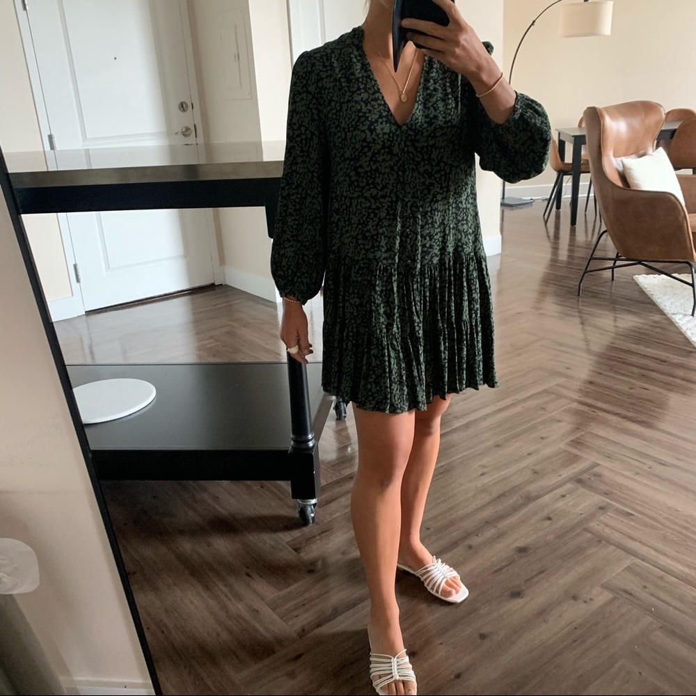 Zara Long-Sleeve Mini Green Print Dress